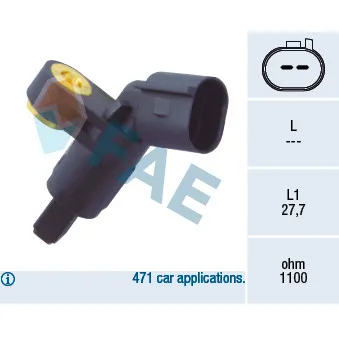 Capteur, vitesse de roue avant droit FAE 78020