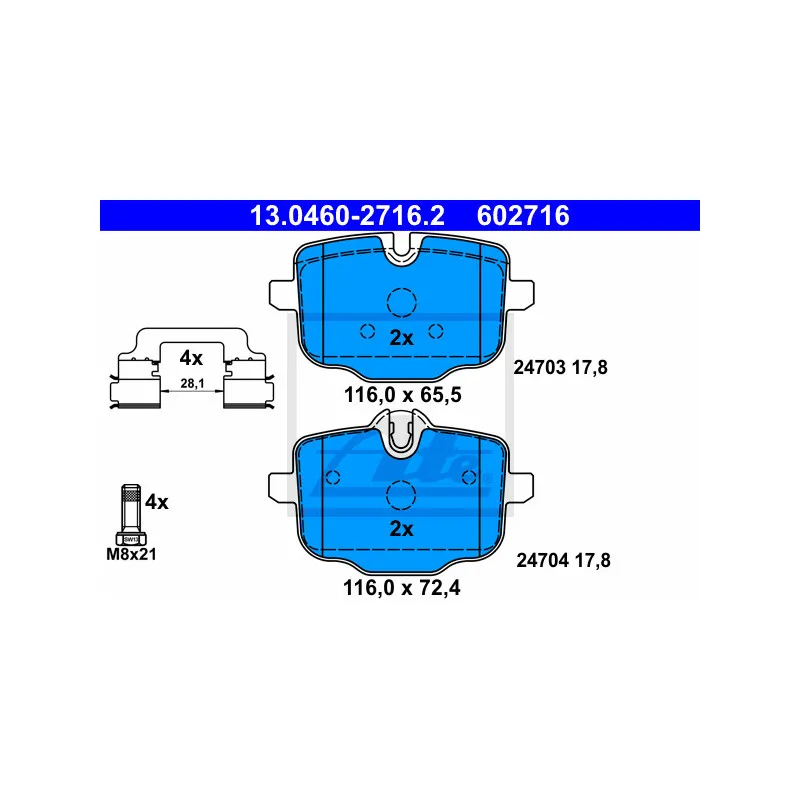 Jeu de 4 plaquettes de frein arrière ATE 13.0460-2716.2