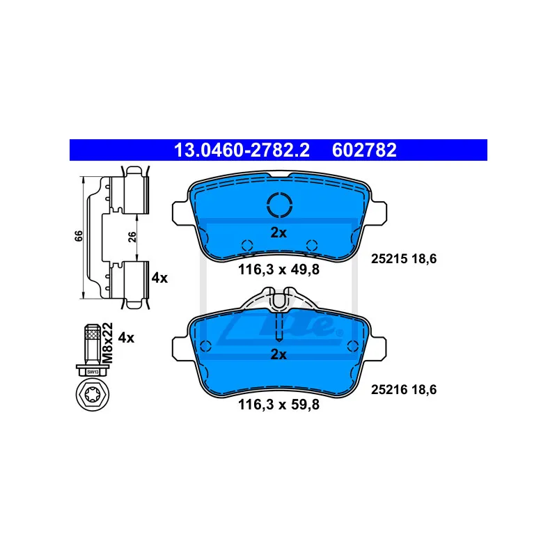 Jeu de 4 plaquettes de frein arrière ATE 13.0460-2782.2