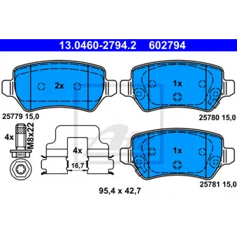 Jeu de 4 plaquettes de frein arrière ATE 13.0460-2794.2