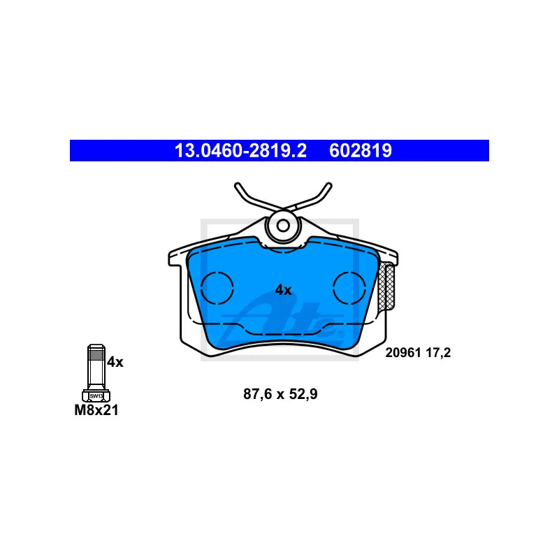 Jeu de 4 plaquettes de frein arrière ATE 13.0460-2819.2