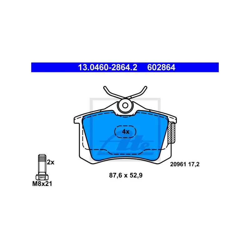 Jeu de 4 plaquettes de frein arrière ATE 13.0460-2864.2