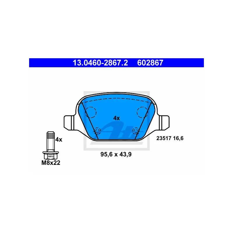 Jeu de 4 plaquettes de frein arrière ATE 13.0460-2867.2