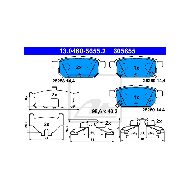 Jeu de 4 plaquettes de frein arrière ATE 13.0460-5655.2