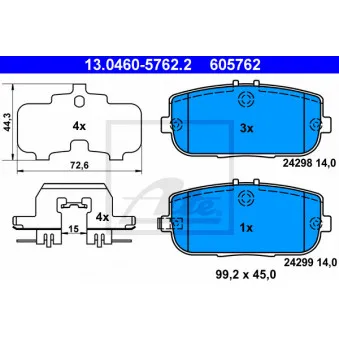 Jeu de 4 plaquettes de frein arrière ATE 13.0460-5762.2