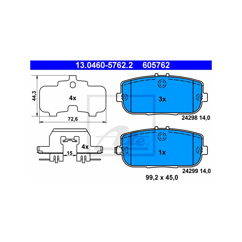 Jeu de 4 plaquettes de frein arrière ATE 13.0460-5762.2
