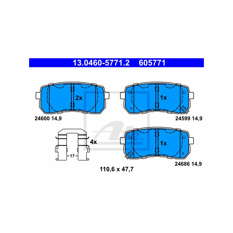 Jeu de 4 plaquettes de frein arrière ATE 13.0460-5771.2