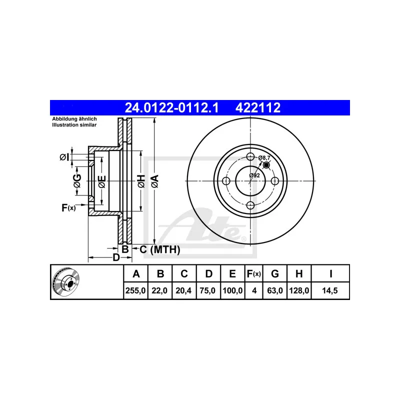 Jeu de 2 disques de frein avant ATE 24.0122-0112.1