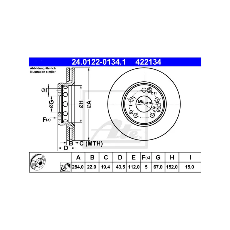 Jeu de 2 disques de frein avant ATE 24.0122-0134.1