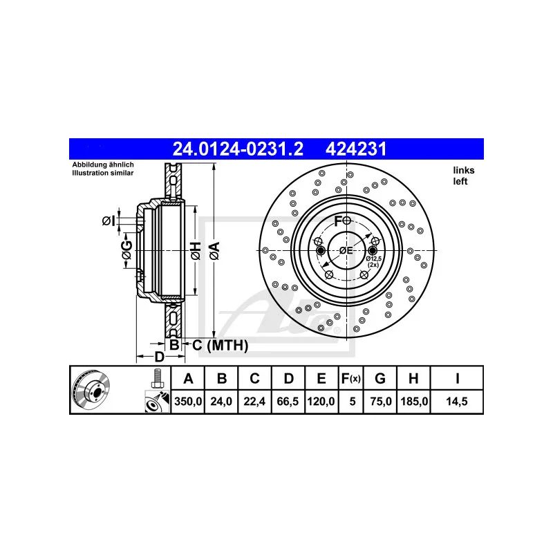 Disque de frein arrière gauche ATE 24.0124-0231.2