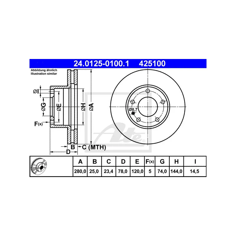 Jeu de 2 disques de frein avant ATE 24.0125-0100.1