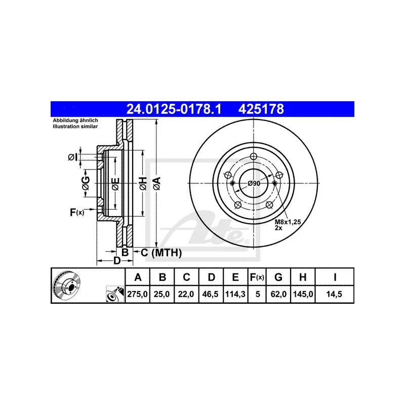 Jeu de 2 disques de frein avant ATE 24.0125-0178.1