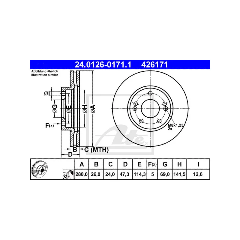 Jeu de 2 disques de frein avant ATE 24.0126-0171.1