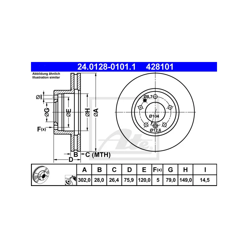 Jeu de 2 disques de frein avant ATE 24.0128-0101.1