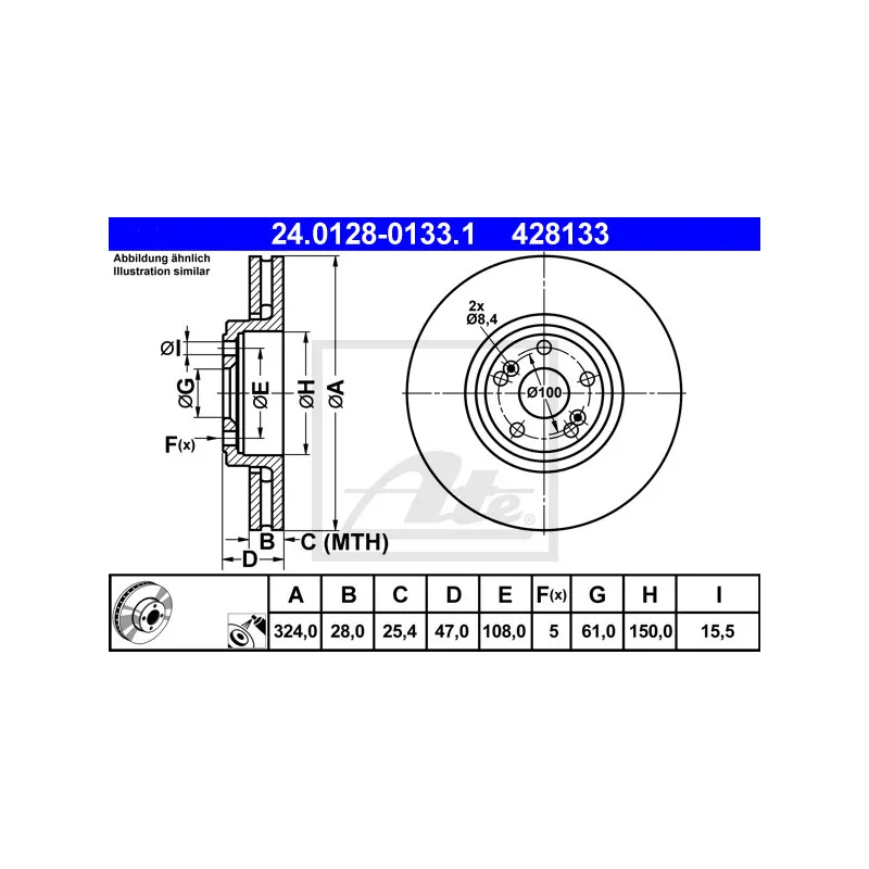 Jeu de 2 disques de frein avant ATE 24.0128-0133.1