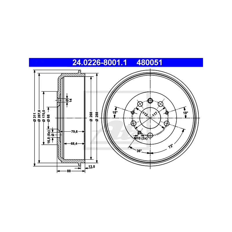 Tambour de frein ATE 24.0226-8001.1