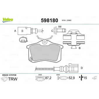 Jeu de 4 plaquettes de frein arrière VALEO 598180