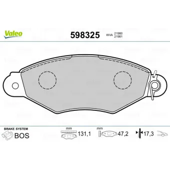 Jeu de 4 plaquettes de frein avant VALEO 598325