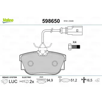 Jeu de 4 plaquettes de frein arrière VALEO 598650