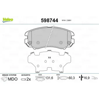 Jeu de 4 plaquettes de frein avant VALEO 598744