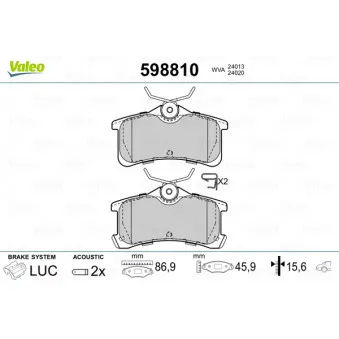 Jeu de 4 plaquettes de frein arrière VALEO 598810