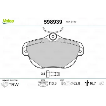 Jeu de 4 plaquettes de frein arrière VALEO 598939