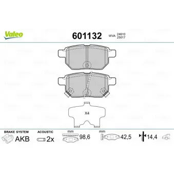 Jeu de 4 plaquettes de frein arrière VALEO 601132