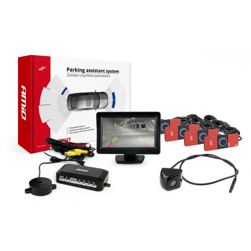 Système d'aide au stationnement TFT 4,3 "avec HD-310 4 capteurs support intérieur noir AMIO 02275