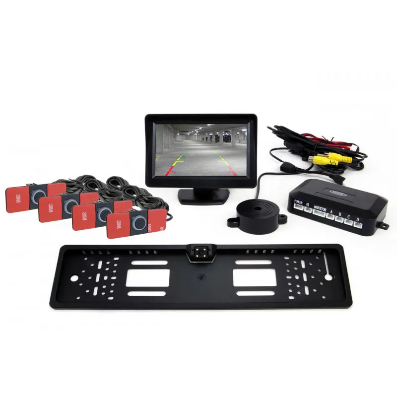 Système d'aide au stationnement TFT 4,3 "avec CAM-402 LED 4 capteurs support intérieur noir AMIO 02276