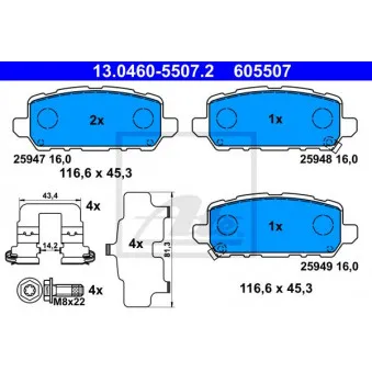 Jeu de 4 plaquettes de frein arrière ATE 13.0460-5507.2