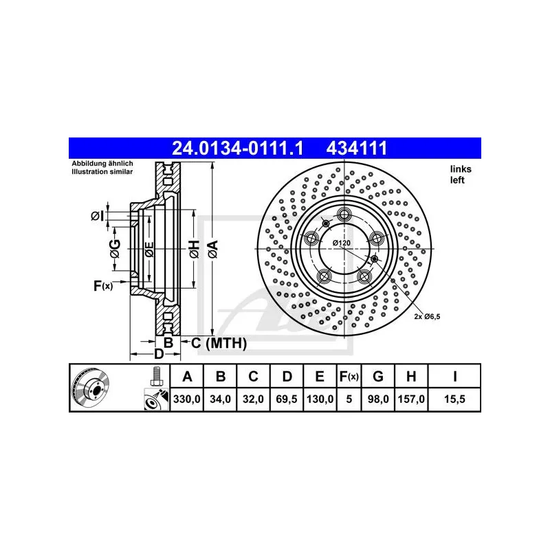 Disque de frein avant gauche ATE 24.0134-0111.1