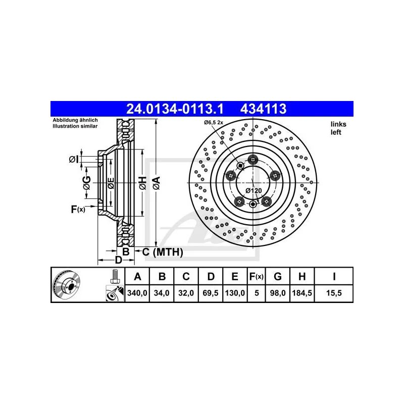 Disque de frein avant gauche ATE 24.0134-0113.1