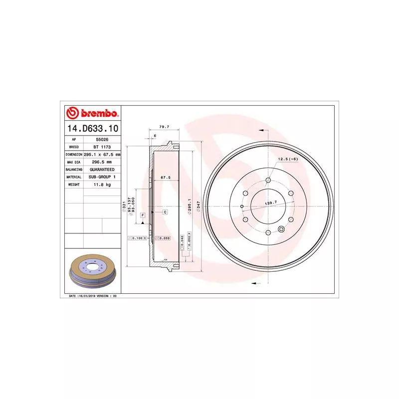 Tambour de frein BREMBO 14.D633.10