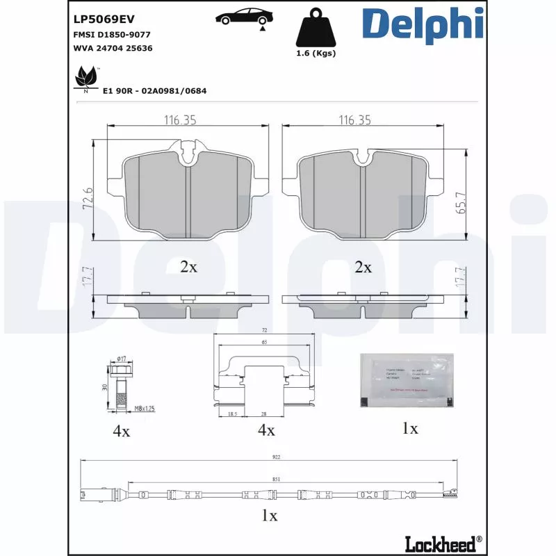 Jeu de 4 plaquettes de frein arrière DELPHI LP5069EV