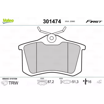 Jeu de 4 plaquettes de frein arrière VALEO 301474