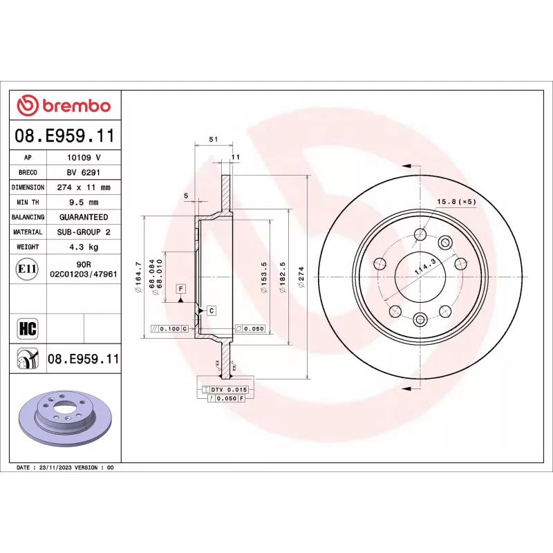 Jeu de 2 disques de frein arrière BREMBO 08.E959.11