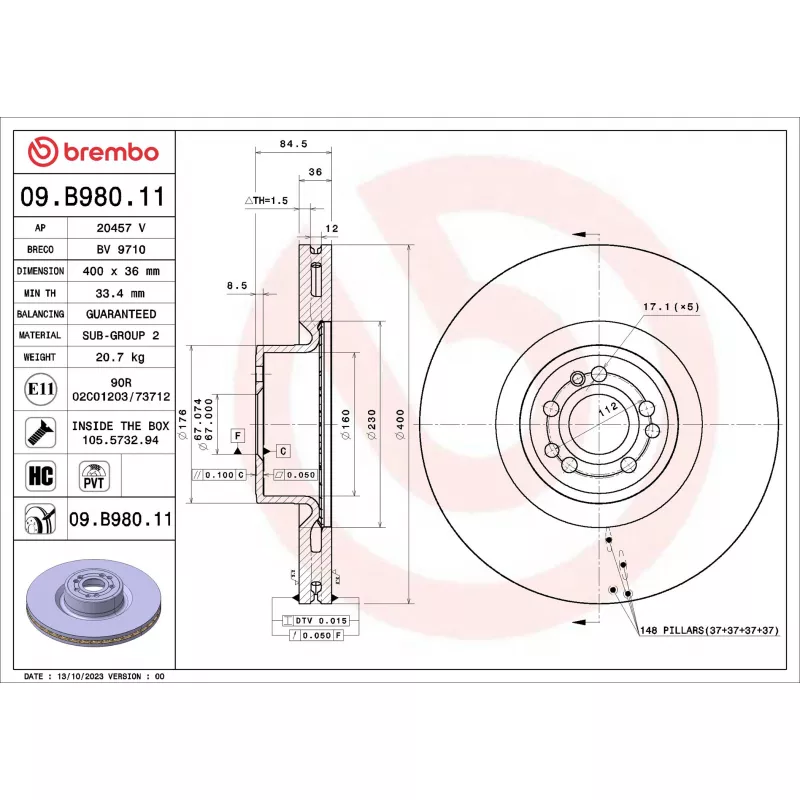 Jeu de 2 disques de frein avant BREMBO 09.B980.11