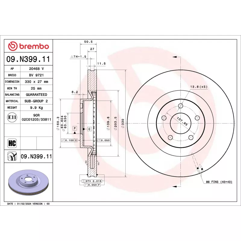 Jeu de 2 disques de frein avant BREMBO 09.N399.11