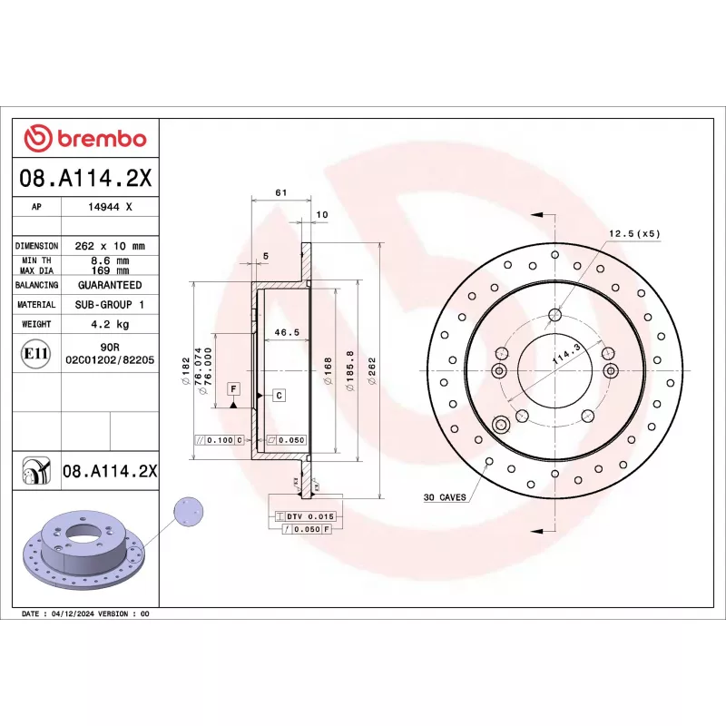 Jeu de 2 disques de frein avant BREMBO 08.A114.2X