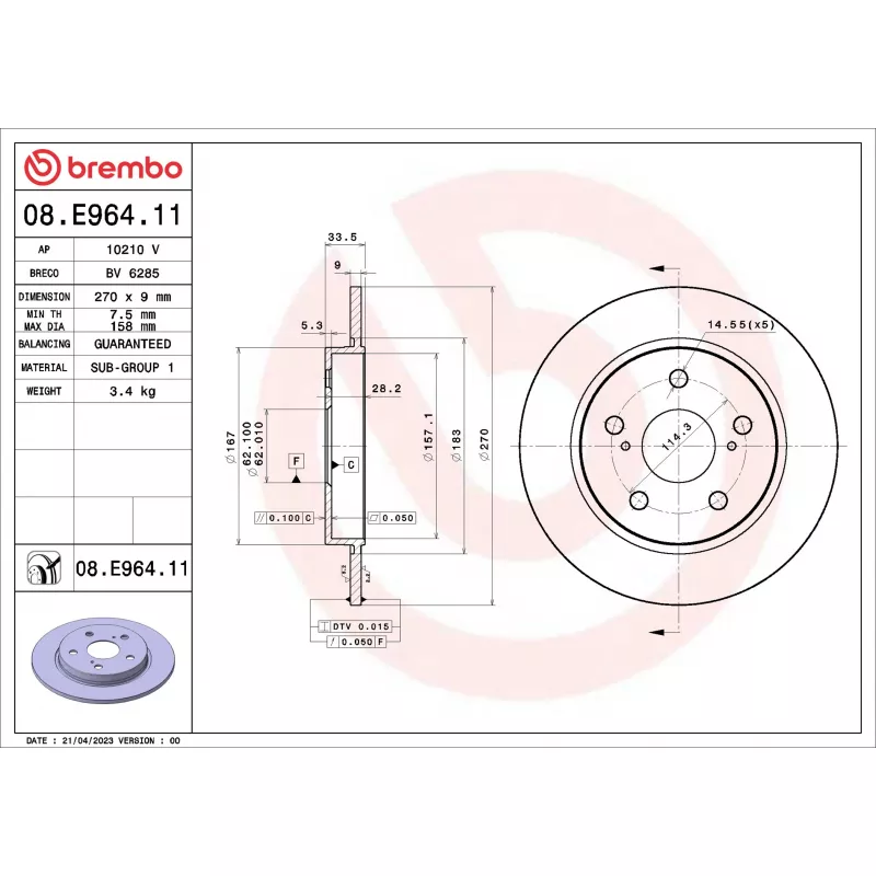 Jeu de 2 disques de frein arrière BREMBO 08.E964.11