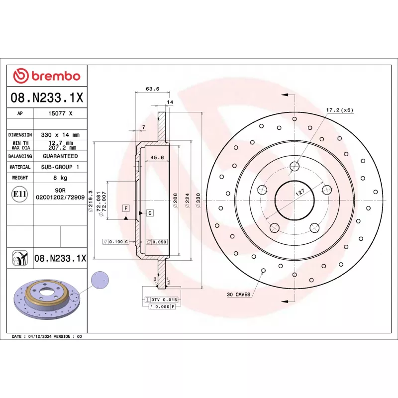 Jeu de 2 disques de frein avant BREMBO 08.N233.1X
