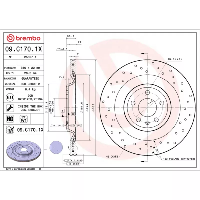 Jeu de 2 disques de frein arrière BREMBO 09.C170.1X - Visuel 1