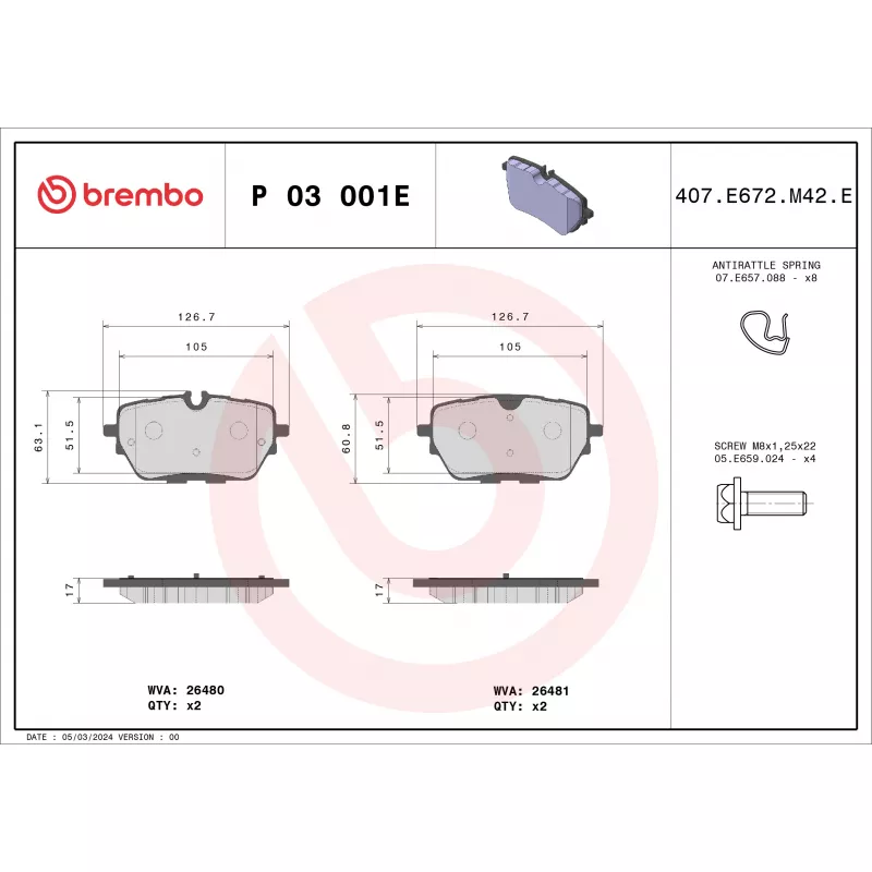 Jeu de 4 plaquettes de frein avant BREMBO P 03 001E