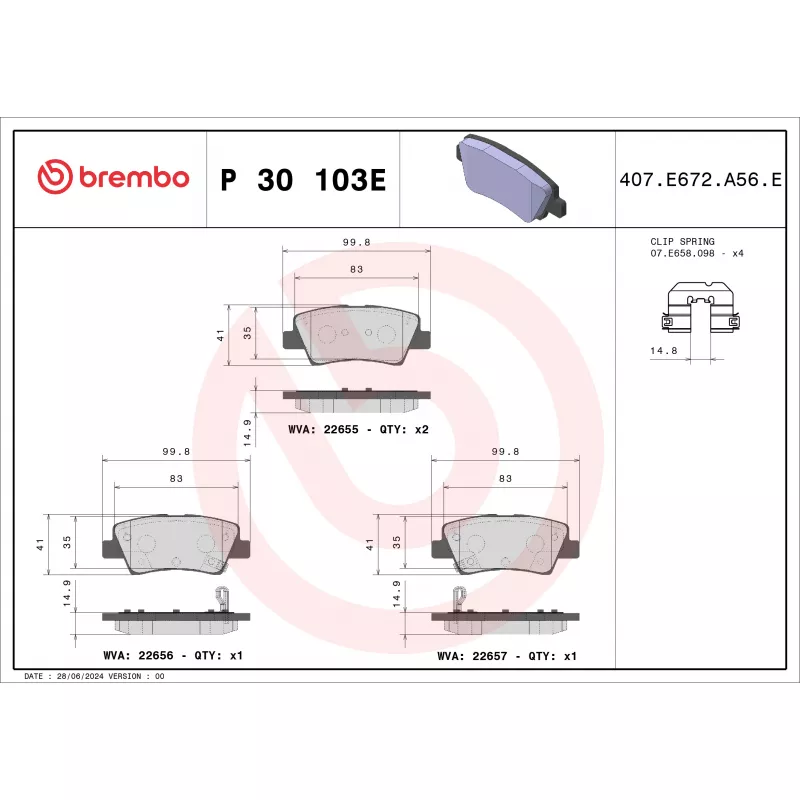 Jeu de 4 plaquettes de frein arrière BREMBO P 30 103E