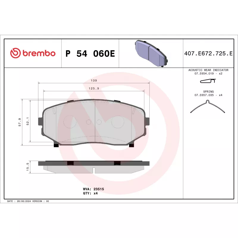 Jeu de 4 plaquettes de frein avant BREMBO P 54 060E