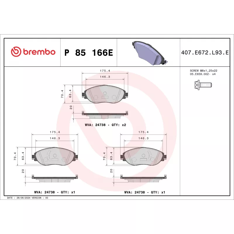 Jeu de 4 plaquettes de frein avant BREMBO P 85 166E