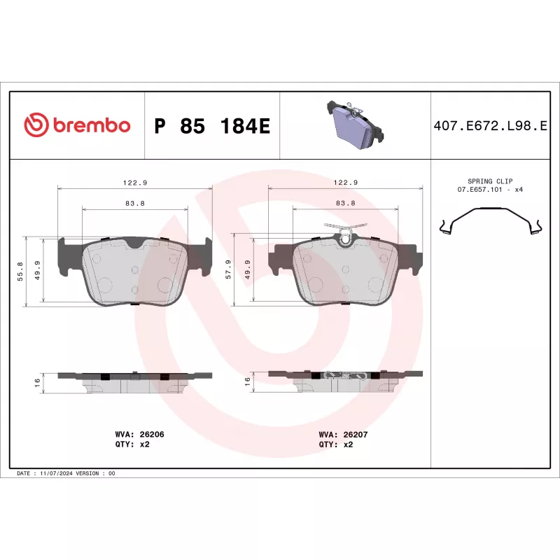 Jeu de 4 plaquettes de frein arrière BREMBO P 85 184E