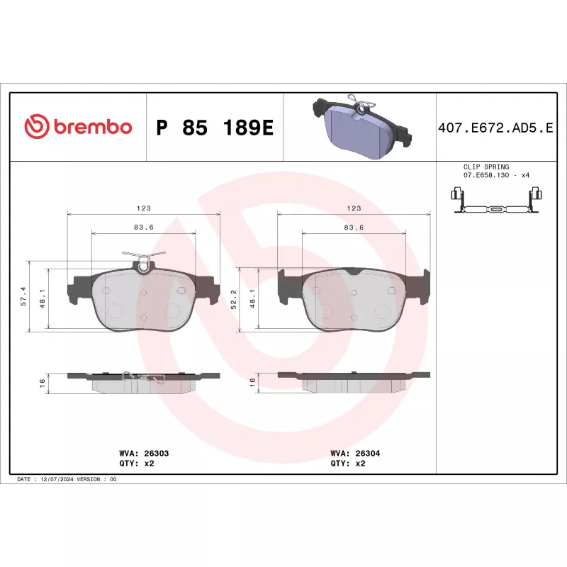 Jeu de 4 plaquettes de frein arrière BREMBO P 85 189E