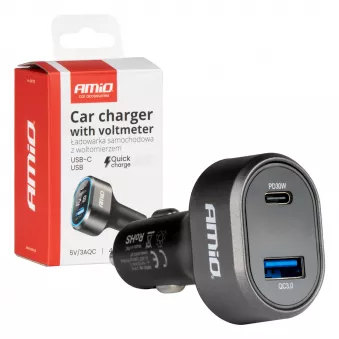 Chargeur de voiture rapide avec voltmètre 48W PD30W QC3.0 USB-A USB-C - AMIO 04178