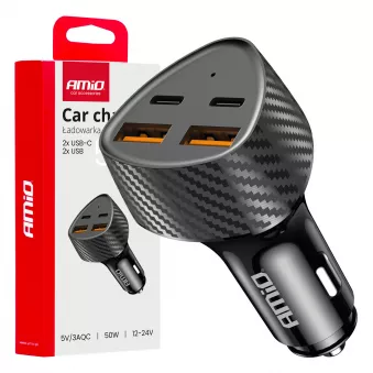 Chargeur de voiture 50W 2x USB-A + 2x USB-C - AMIO 04284